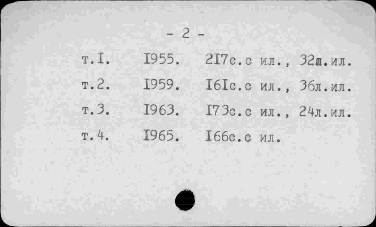 ﻿- г -
т.I.	1955.	2I7C.C	ил., 32л.ил.
т. 2.	1959.	Ібіс.с	ил., 36л.ил.
т. 3.	1963.	17 Зо. с	ил., 24л.ил.
т. 4.	1965.	І66с.с	ил.